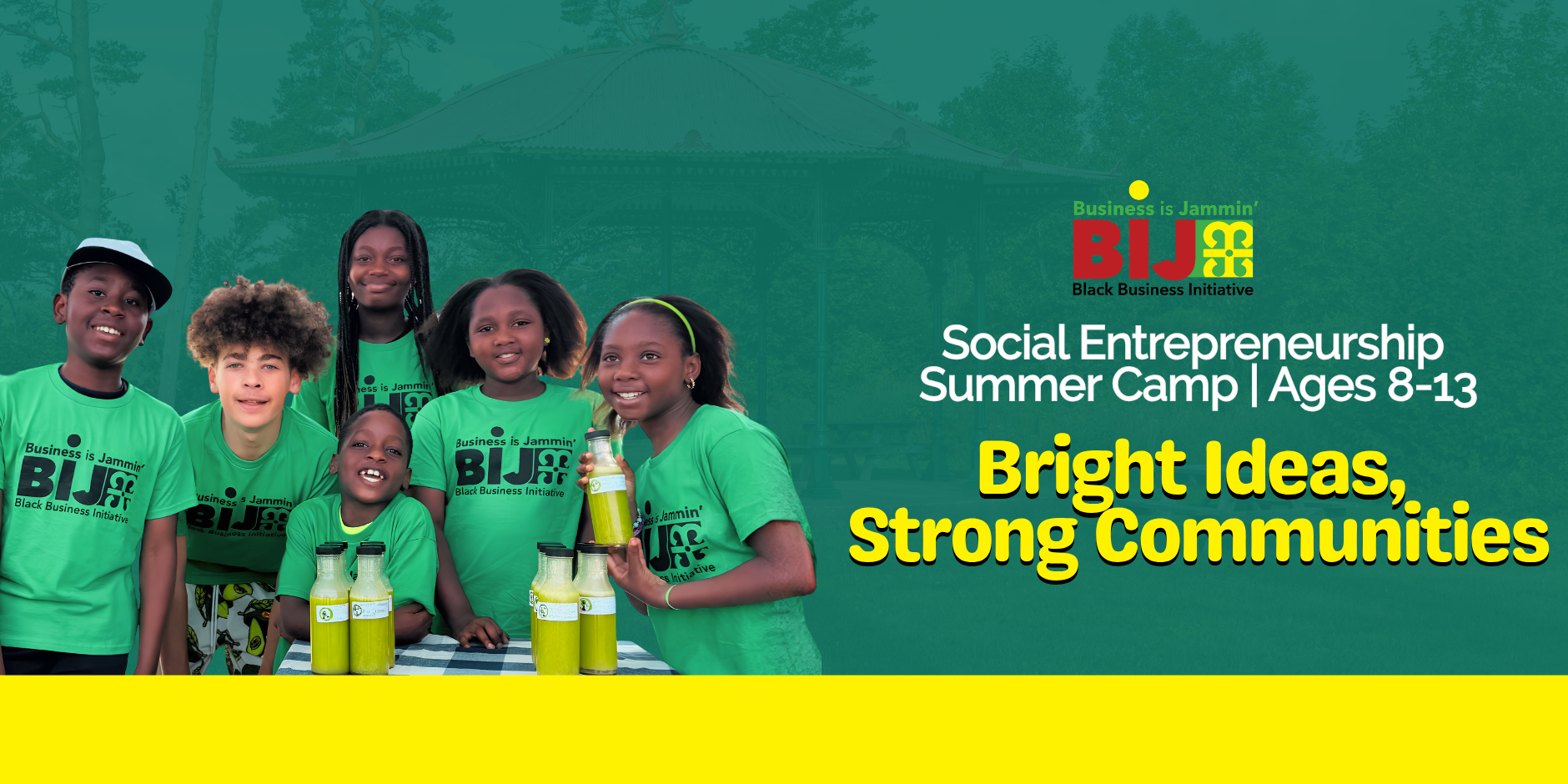 A green and yellow photo banner for a summer camp featuring young Black children holding up their products.